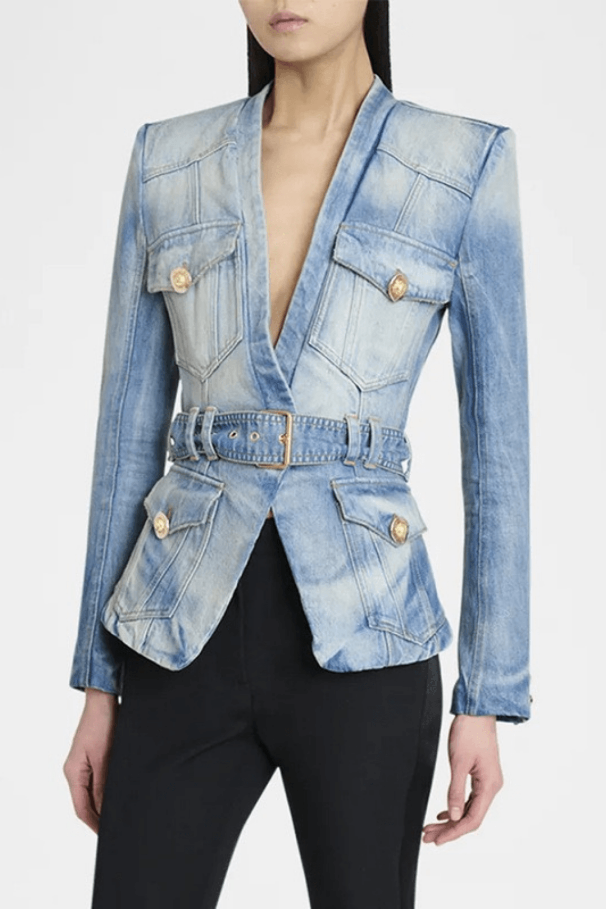 Cheri Washed Denim Deep V Belted Jacket Avalabel