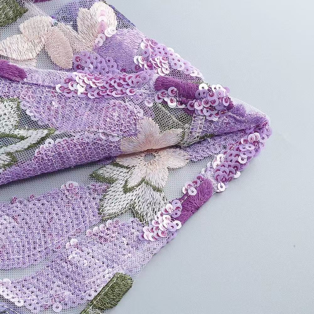Elara Floral Sequin Embroidered Strapless Maxi Dress - Purple Avalabel