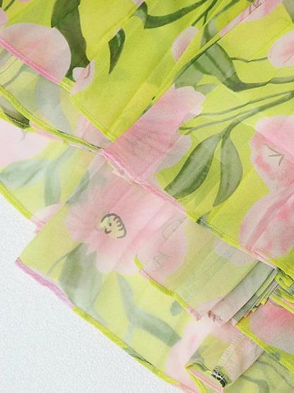 V-Neck Silk Printed Pleated Maxi Dress in Yellow