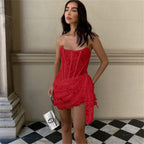 red Strapless Bandage Backless Floral Lace Corset Tube mini Dress Avalabel