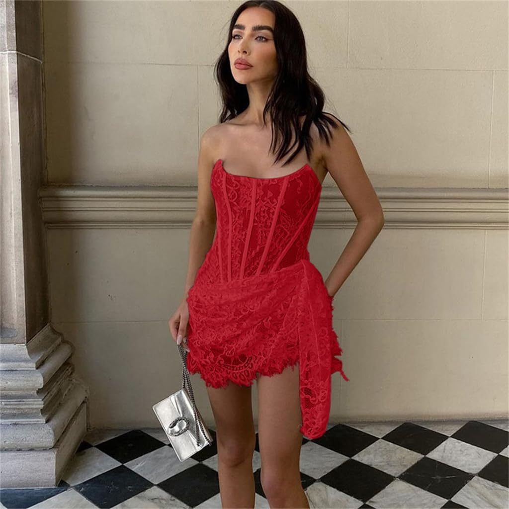 red Strapless Bandage Backless Floral Lace Corset Tube mini Dress Avalabel