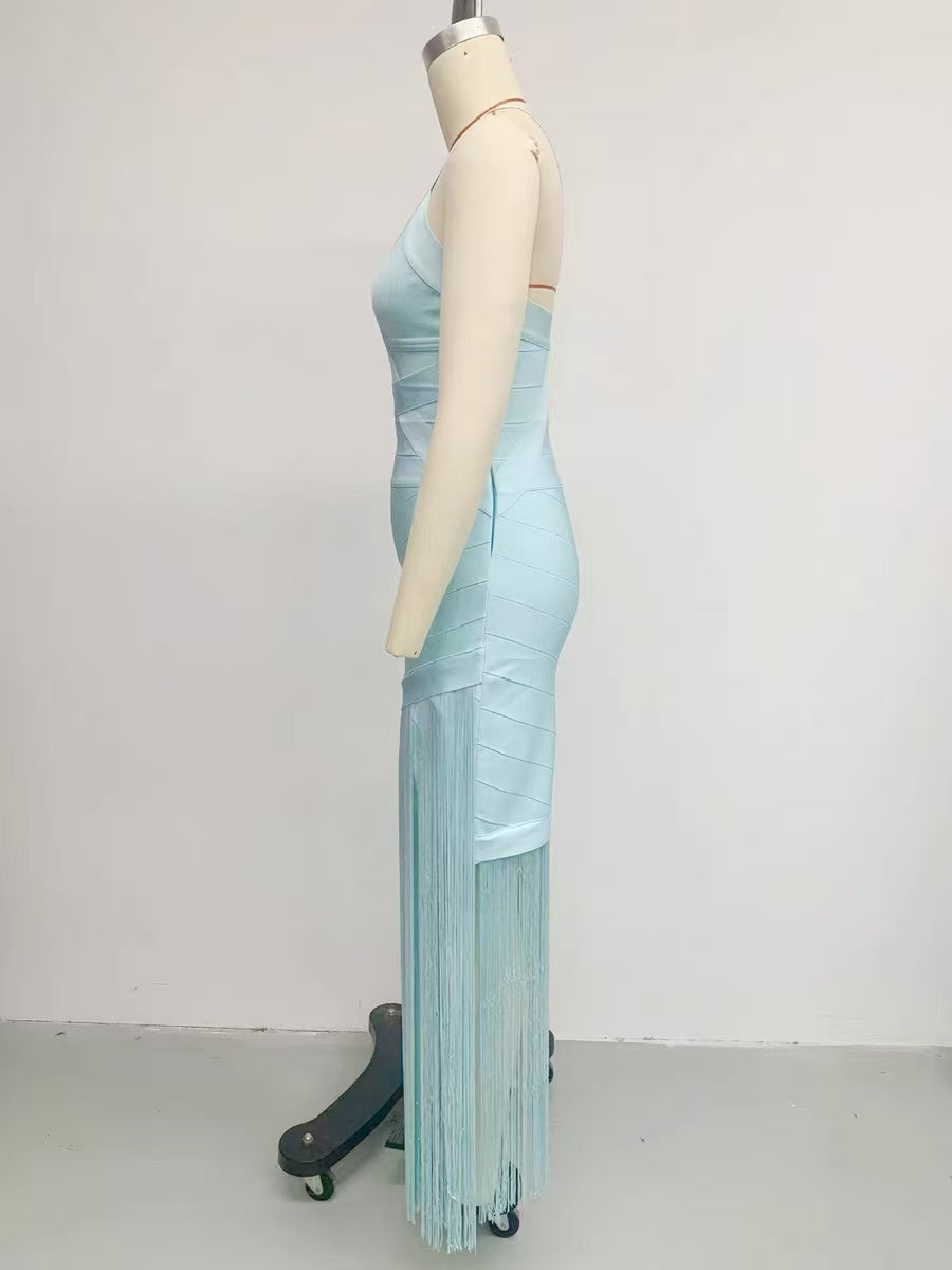 Light Blue Bandage Fringe Midi Dress Avalabel