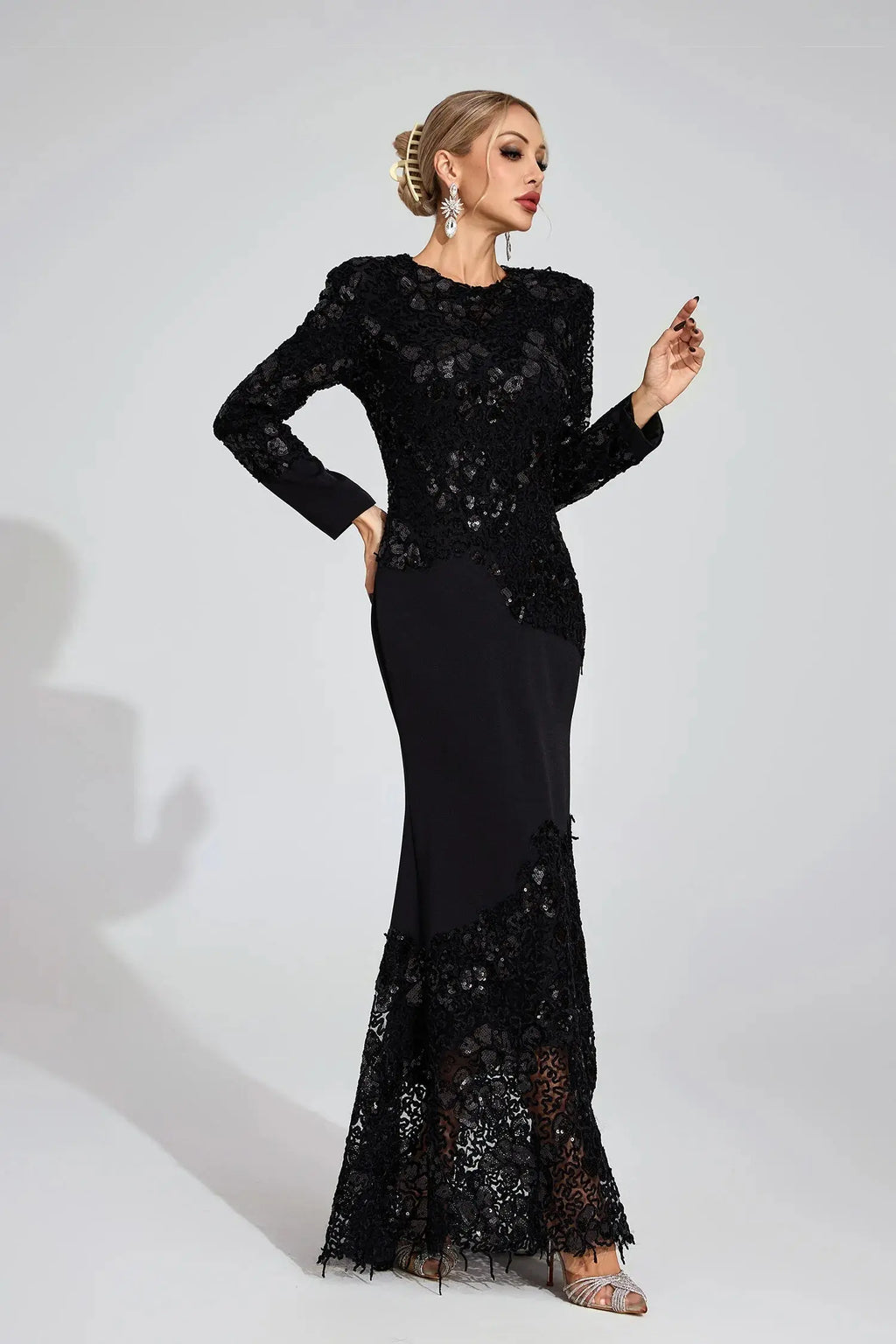 joanna Black long sleeve Embroidered Maxi Dress Avalabel