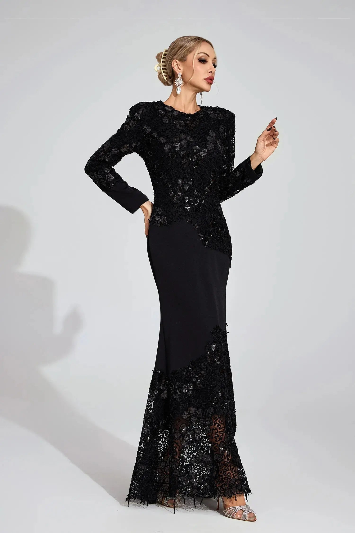 joanna Black long sleeve Embroidered Maxi Dress Avalabel