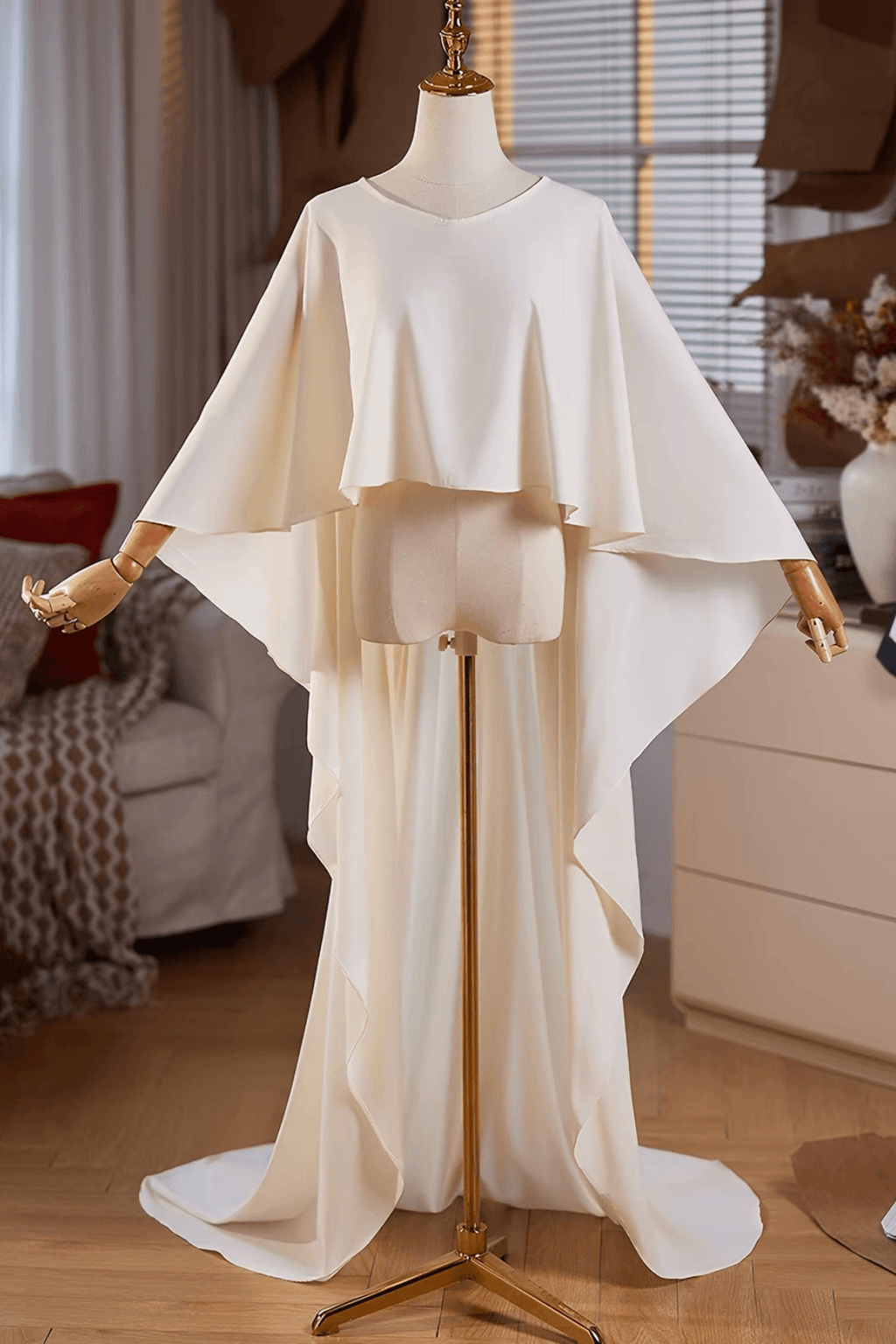 Cream Chiffon Flowy Cape Long Train Shawl Avalabel