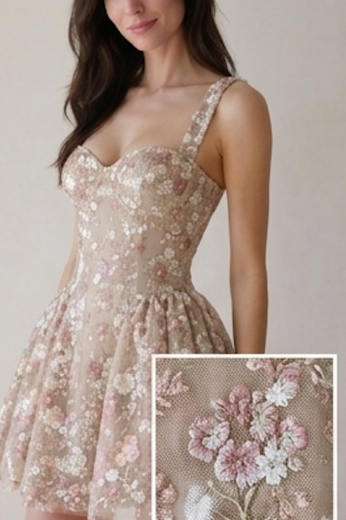 Sylvia Nude Mesh Embroidered Floral Fitted Bustier Mini Dress Avalabel