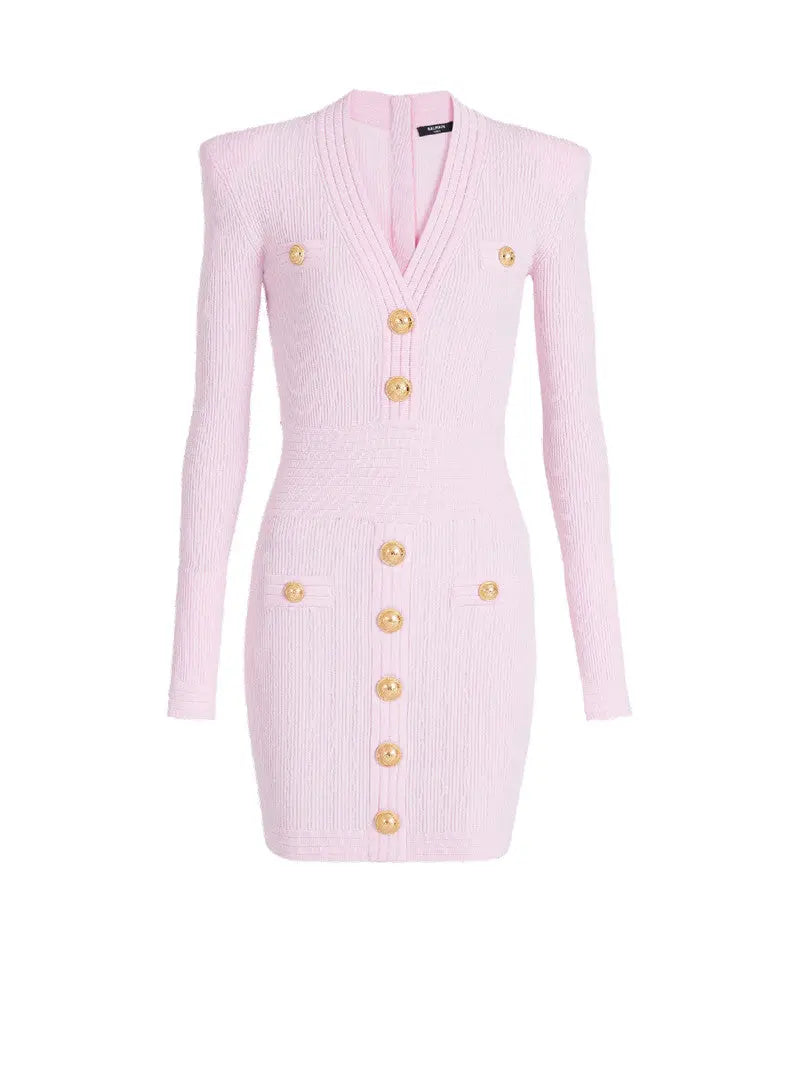 vicky v-neck button-detail ribbed mini dress in pink Avalabel