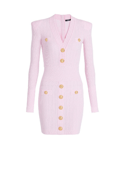 vicky v-neck button-detail ribbed mini dress in pink