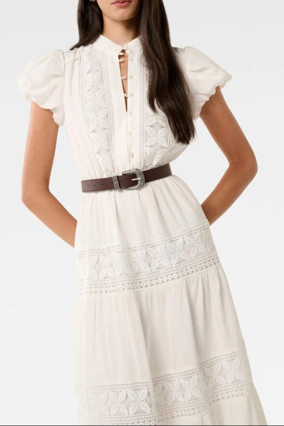 White Adelaide Lace Belted Trim Midi Dress Avalabel