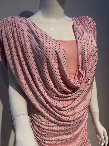 Shiny rhinestone elastic pleated mini dress in pink