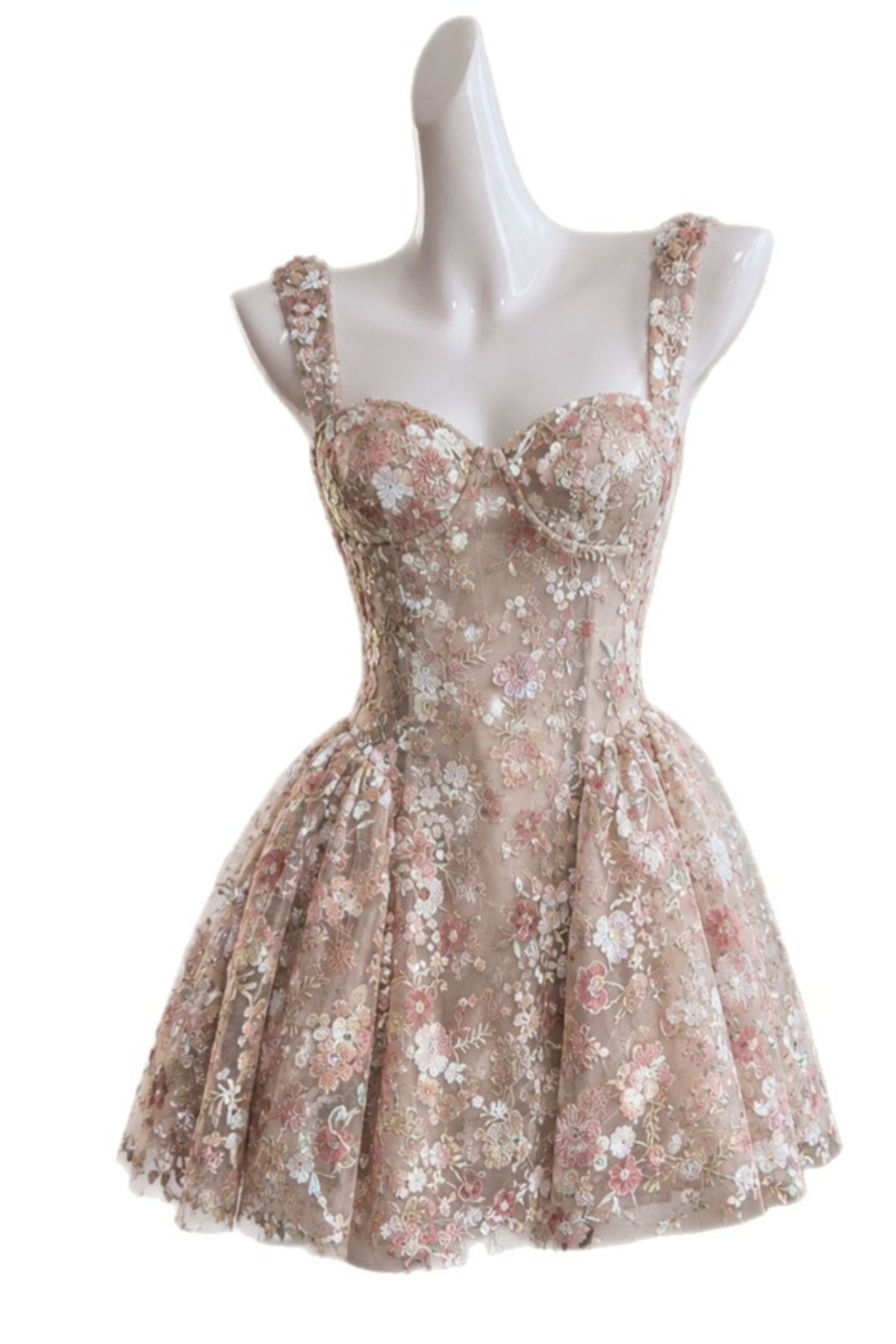 Sylvia Nude Mesh Embroidered Floral Fitted Bustier Mini Dress Avalabel