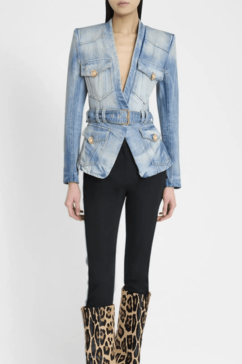 Cheri Washed Denim Deep V Belted Jacket Avalabel