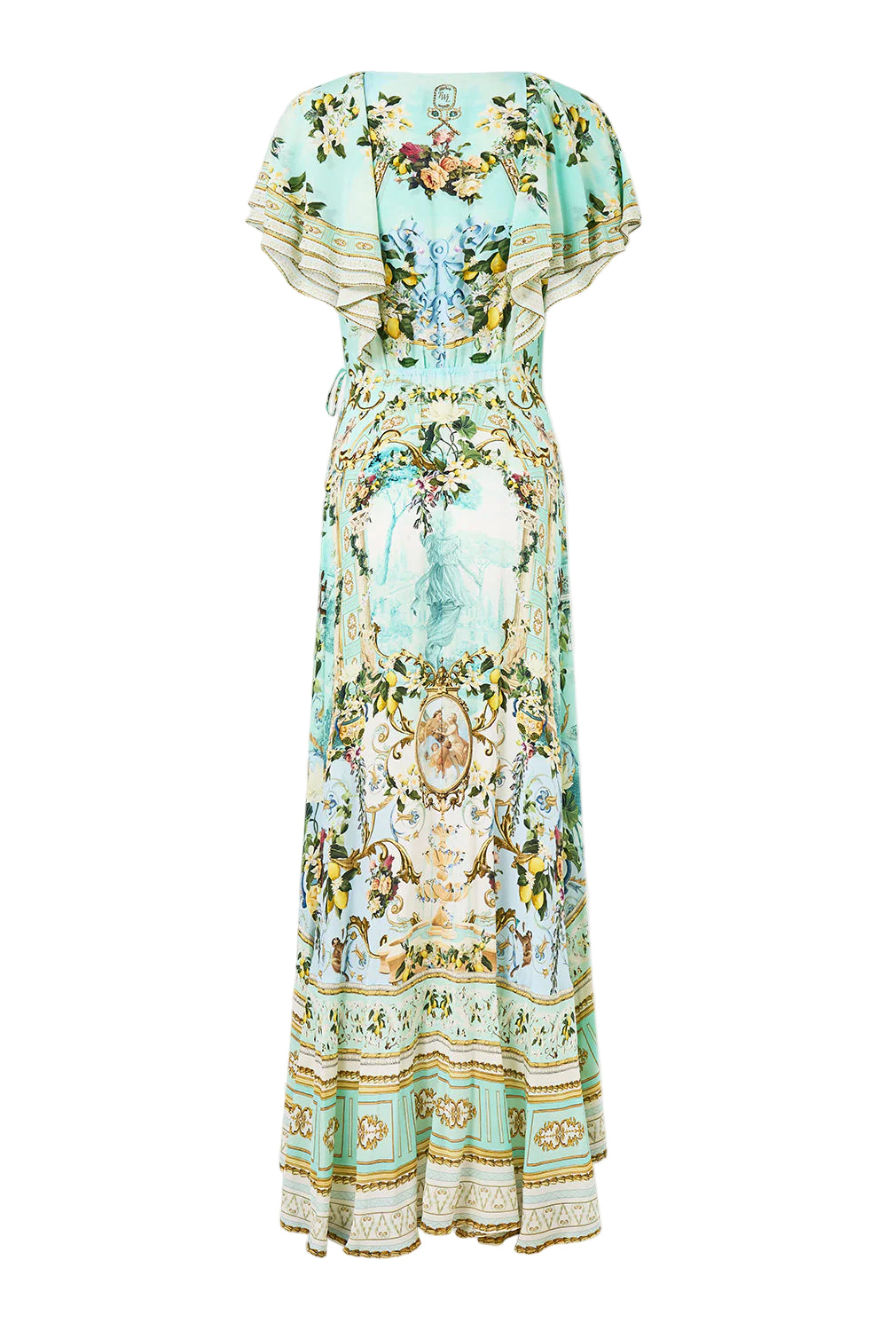 Green-Multi Printed Ruffled V-Neck Irregular Hem Silk Maxi Dress Avalabel