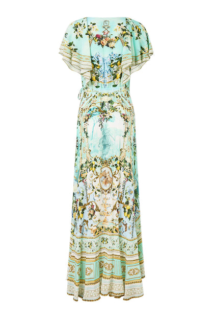 Green-Multi Printed Ruffled V-Neck Irregular Hem Silk Maxi Dress