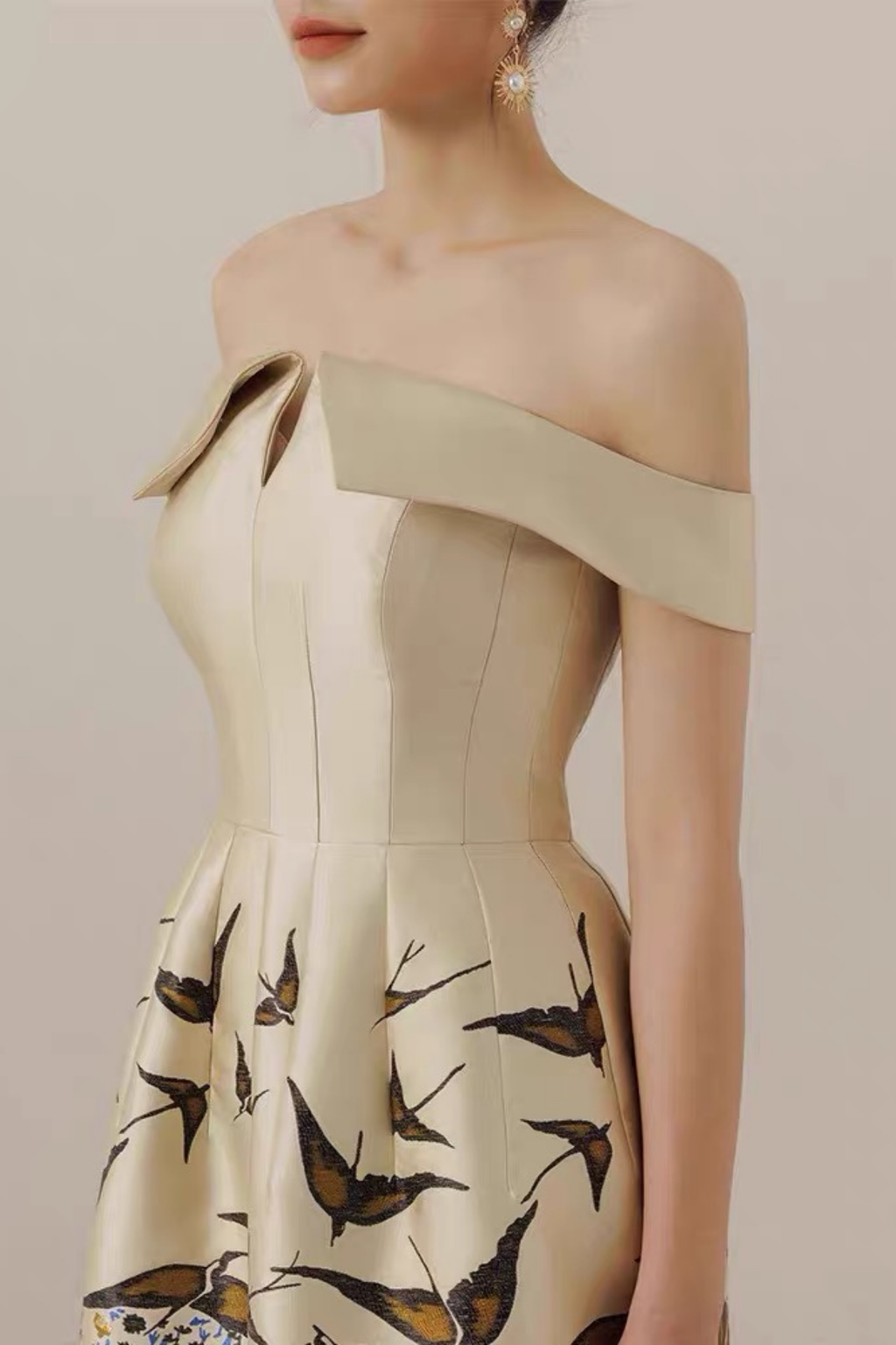 Vintage Off-Shoulder Waisted Print Formal Dress Avalabel