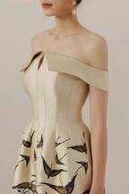 Vintage Off-Shoulder Waisted Print Formal Dress Avalabel