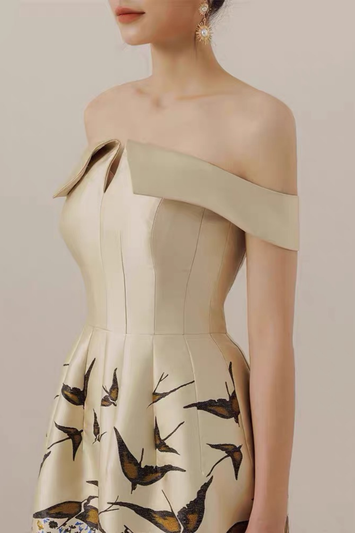 Vintage Off-Shoulder Waisted Print Formal Dress Avalabel