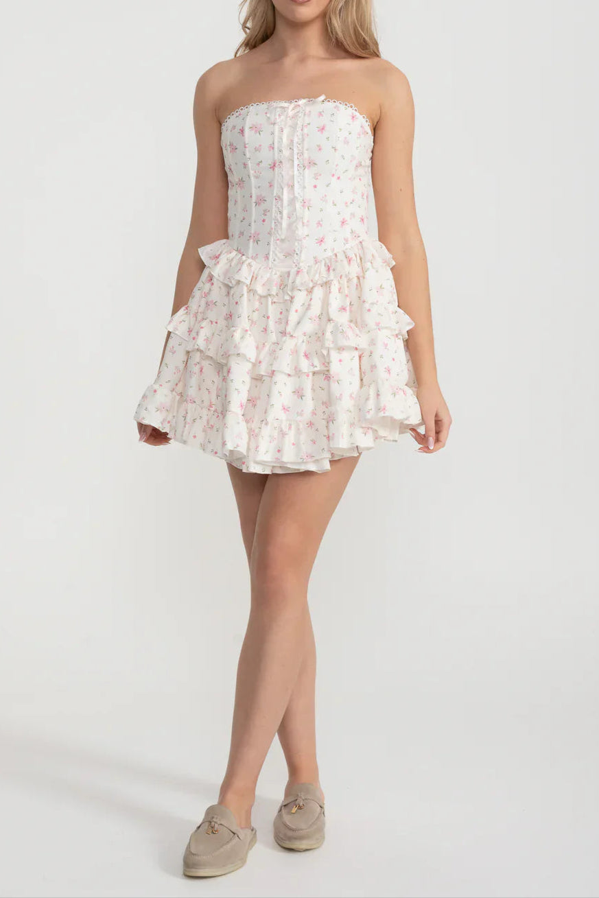 Martha Ruffle Printed Strapless Mini Dress in Pink Avalabel