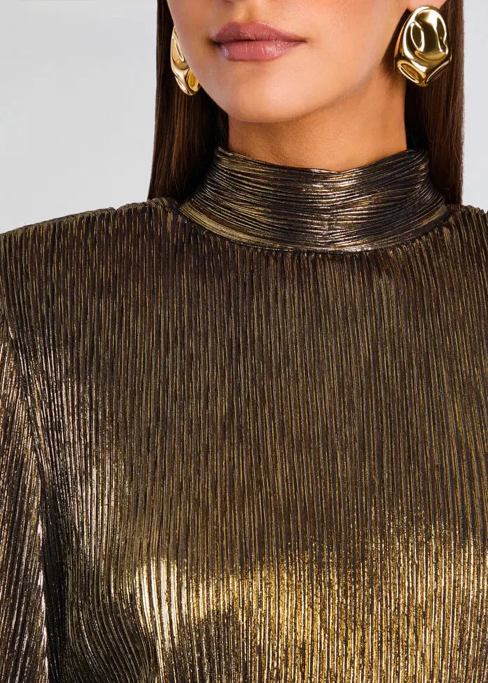 nancy High-necked lantern sleeve pleated mini dress in gold Avalabel