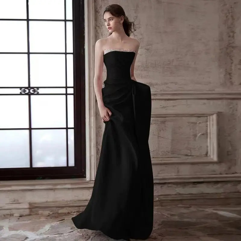 Mermaid Ruched Strapless Beading Black Prom Dress Avalabel