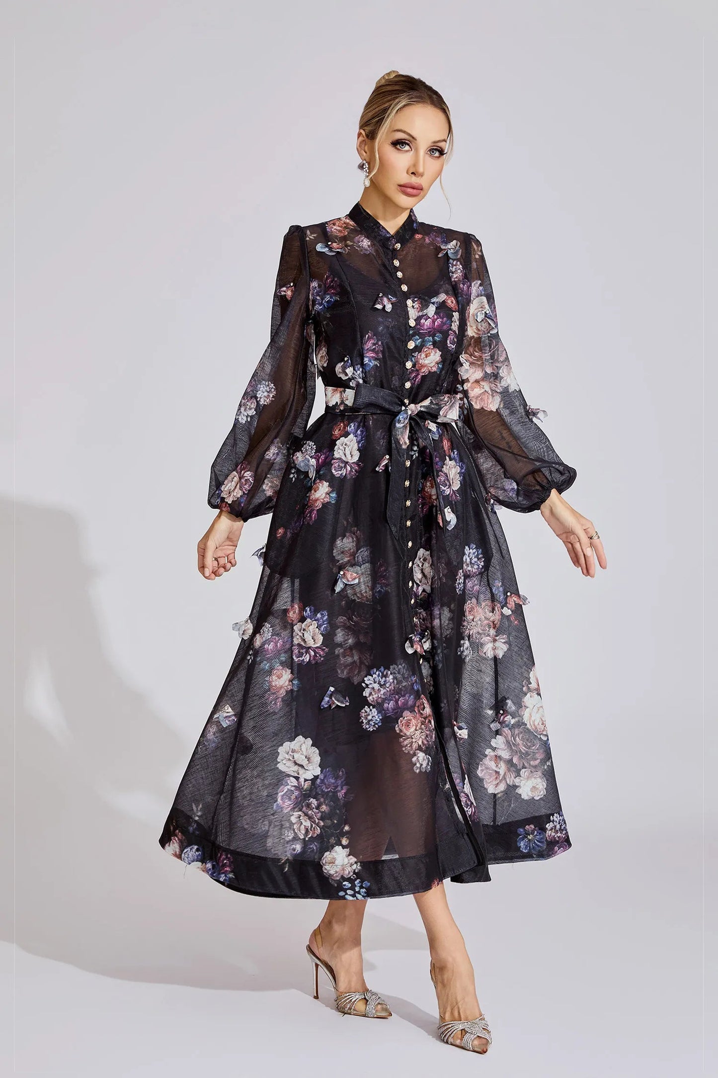 Tiffany Black Floral Printed Puff Sleeve Maxi Dress
