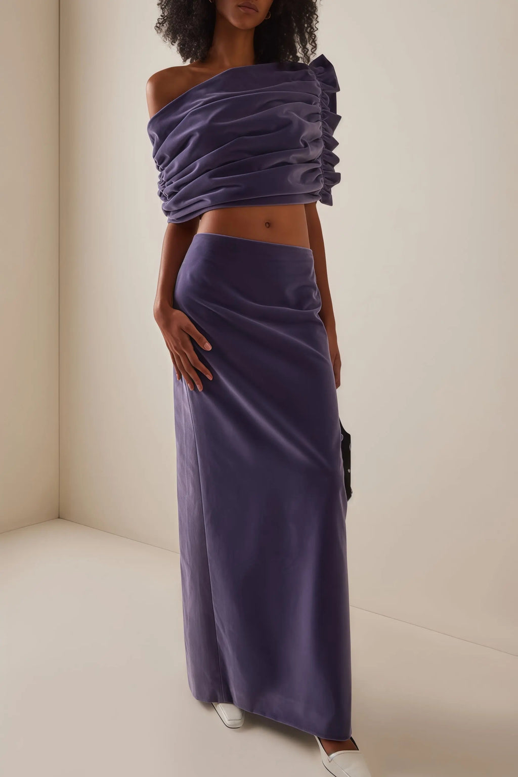 purple Asymmetrical cropped top velvet skirt two-piece set Avalabel