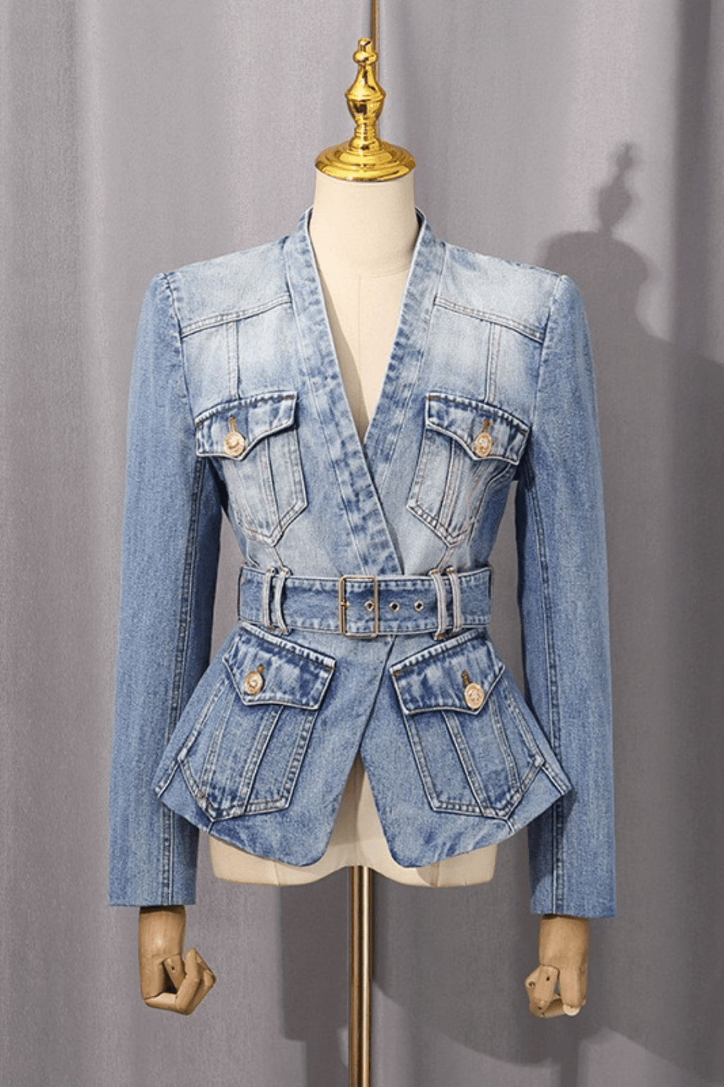 Cheri Washed Denim Deep V Belted Jacket Avalabel