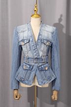 Cheri Washed Denim Deep V Belted Jacket Avalabel