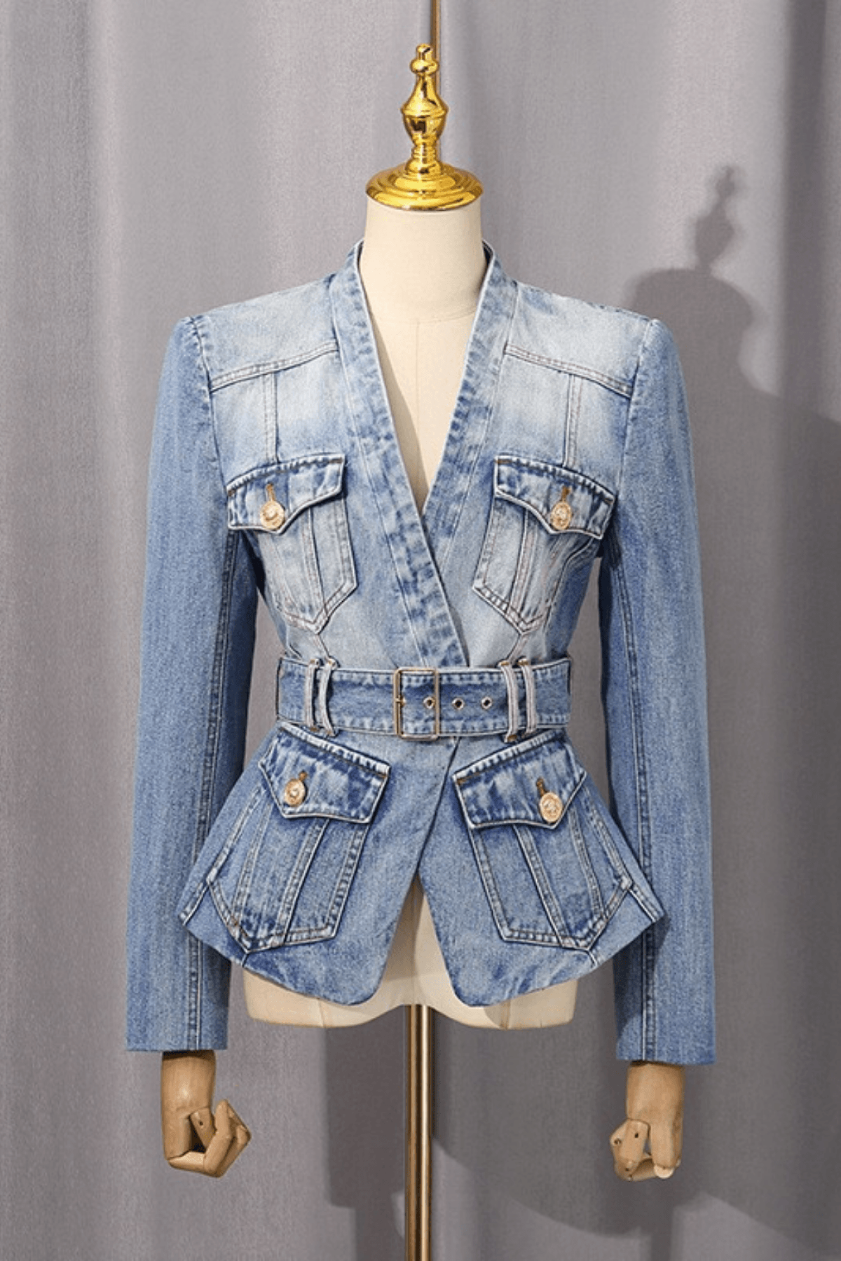 Cheri Washed Denim Deep V Belted Jacket Avalabel
