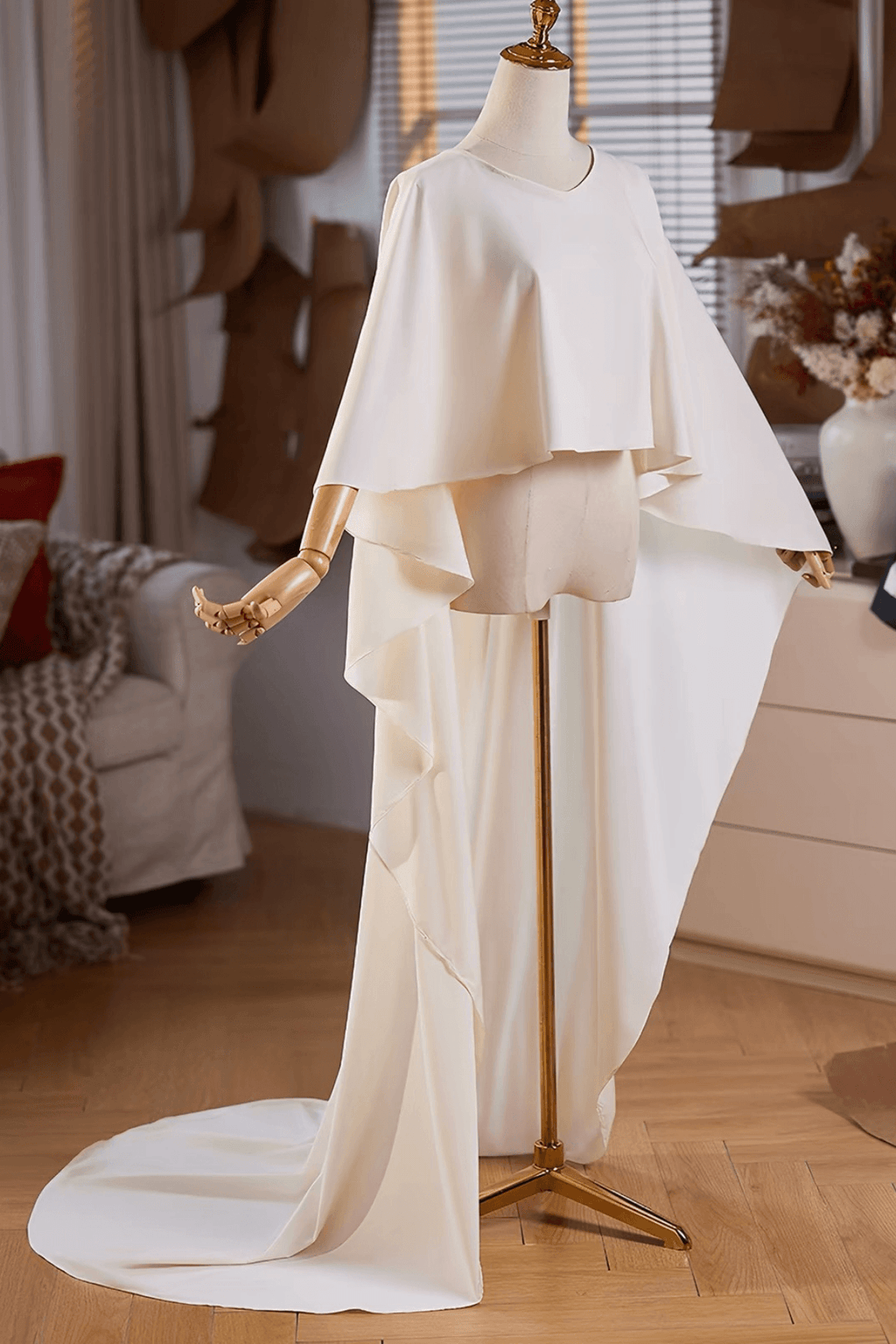 Cream Chiffon Flowy Cape Long Train Shawl Avalabel