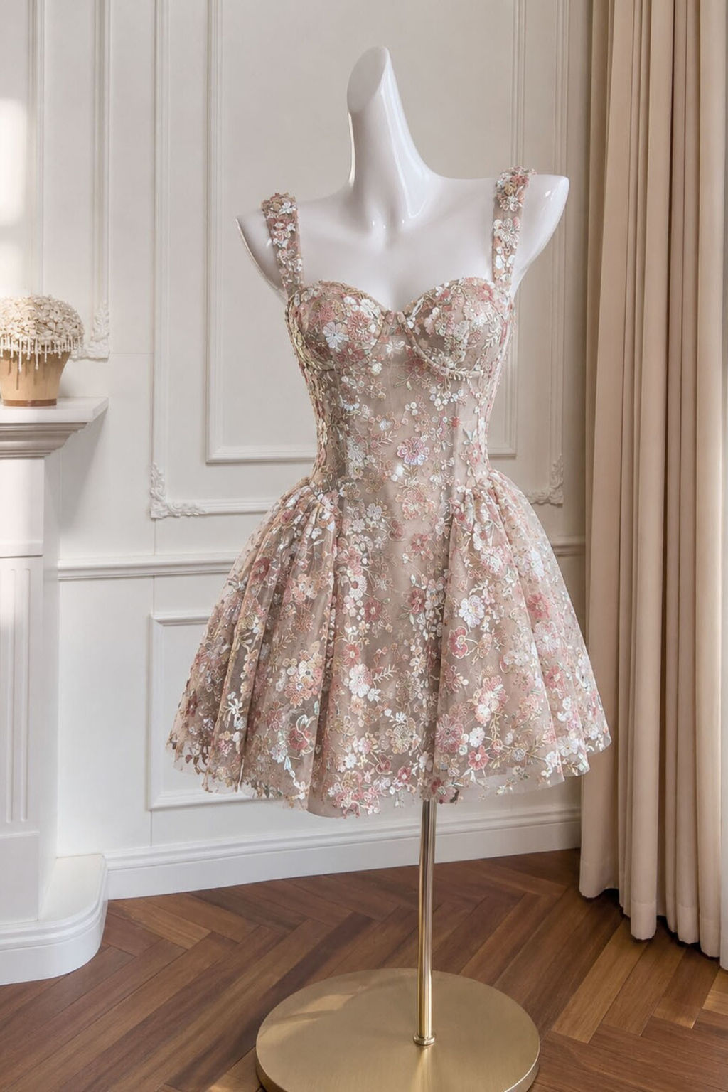 Sylvia Nude Mesh Embroidered Floral Fitted Bustier Mini Dress Avalabel