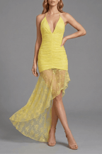 Dulce Yellow Halter Lace Asymmetrical Dress Avalabel