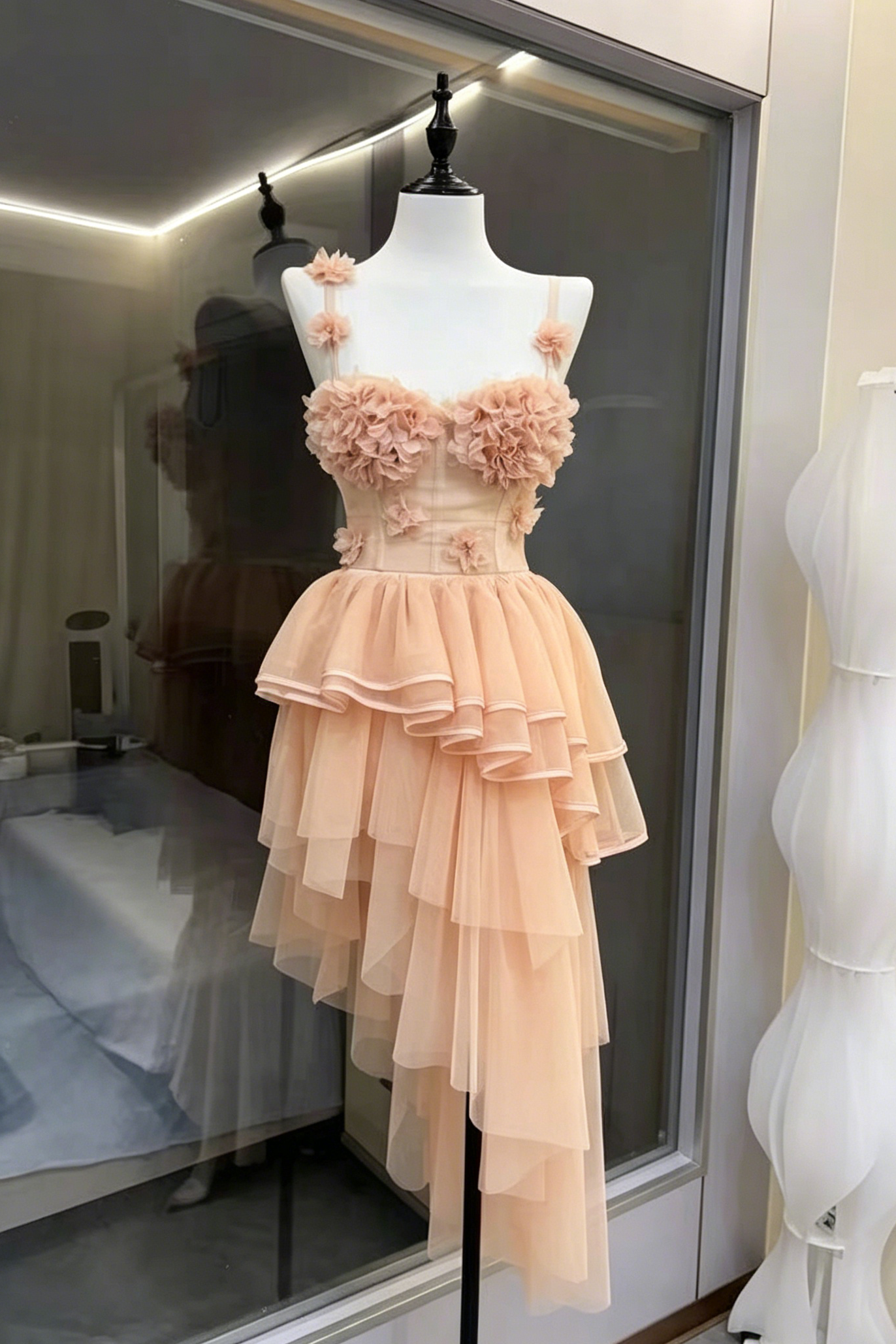 Blush Spaghetti Strap 3D Floral Corset Top & High Low Tiered Tulle Skirt Set Avalabel