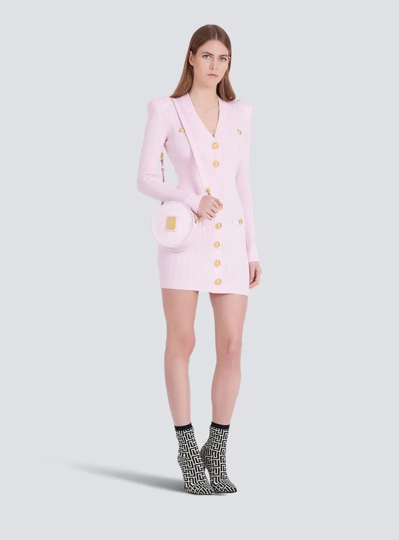 vicky v-neck button-detail ribbed mini dress in pink Avalabel