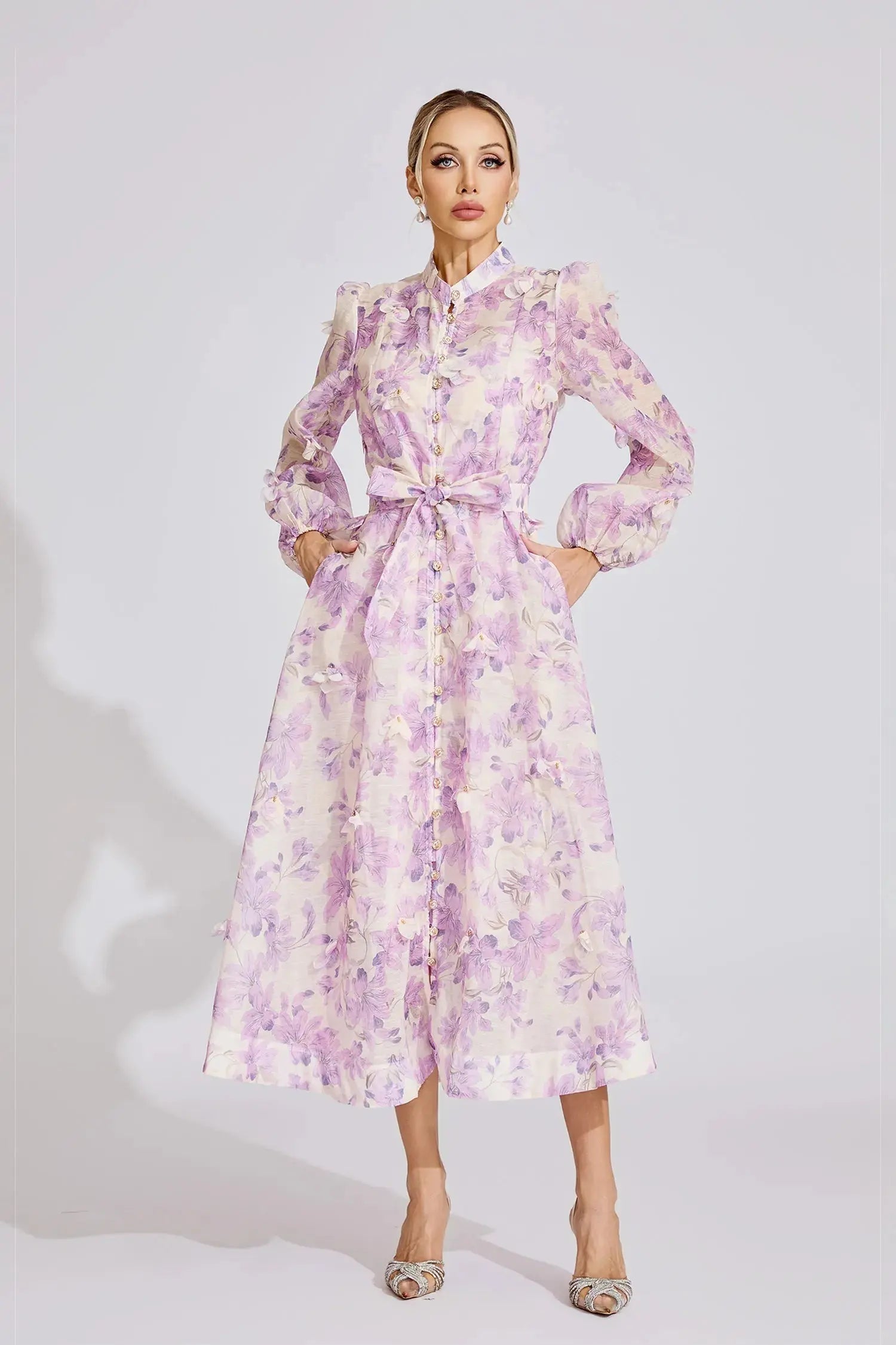 simona Floral print lantern sleeve Maxi Dress in purple Avalabel