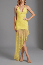 Dulce Yellow Halter Lace Asymmetrical Dress Avalabel