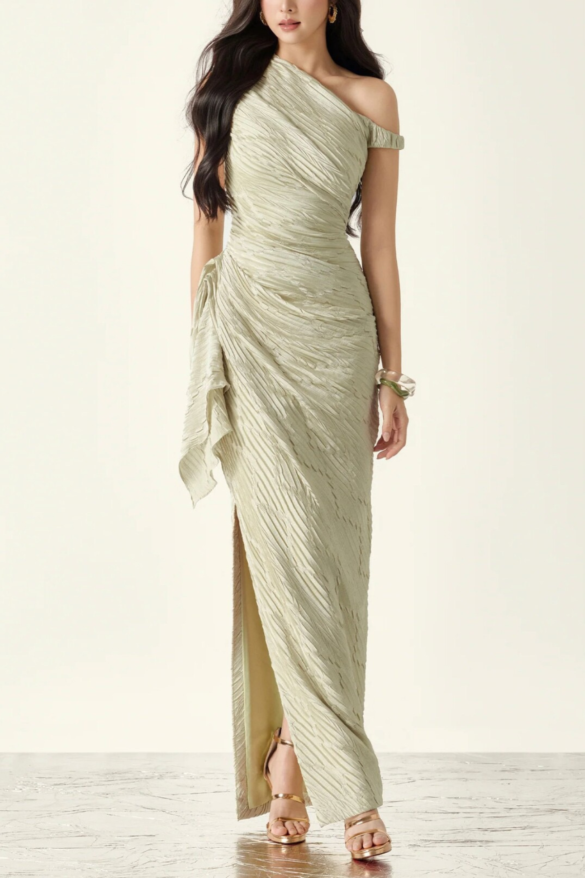 Thea Mustard Green Textured One‑Shoulder Ruched Waist Asymmetrical Maxi Dress - Avalabel