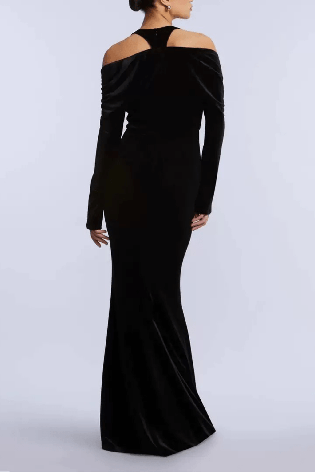 Jenny Black Velvet Cold Shoulder Deep V Maxi Dress Avalabel