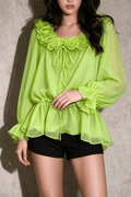 Denni Green Ruffled Sheer Chiffon Blouse Avalabel