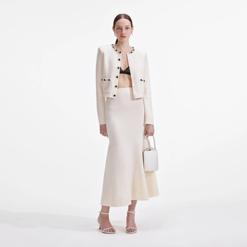 virginia Cream Embellished Cardigan skirt set Avalabel