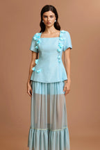 ursula blue Short Sleeves Flowers Folds Top And Skirt Two-Piece Set Avalabel