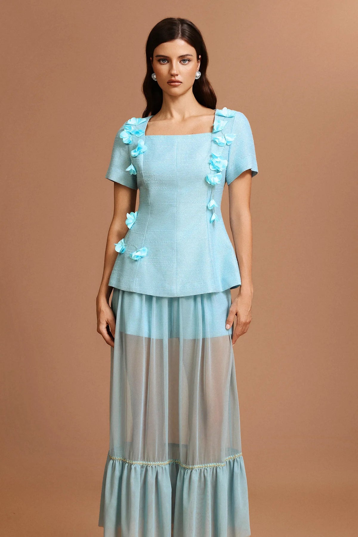 ursula blue Short Sleeves Flowers Folds Top And Skirt Two-Piece Set Avalabel