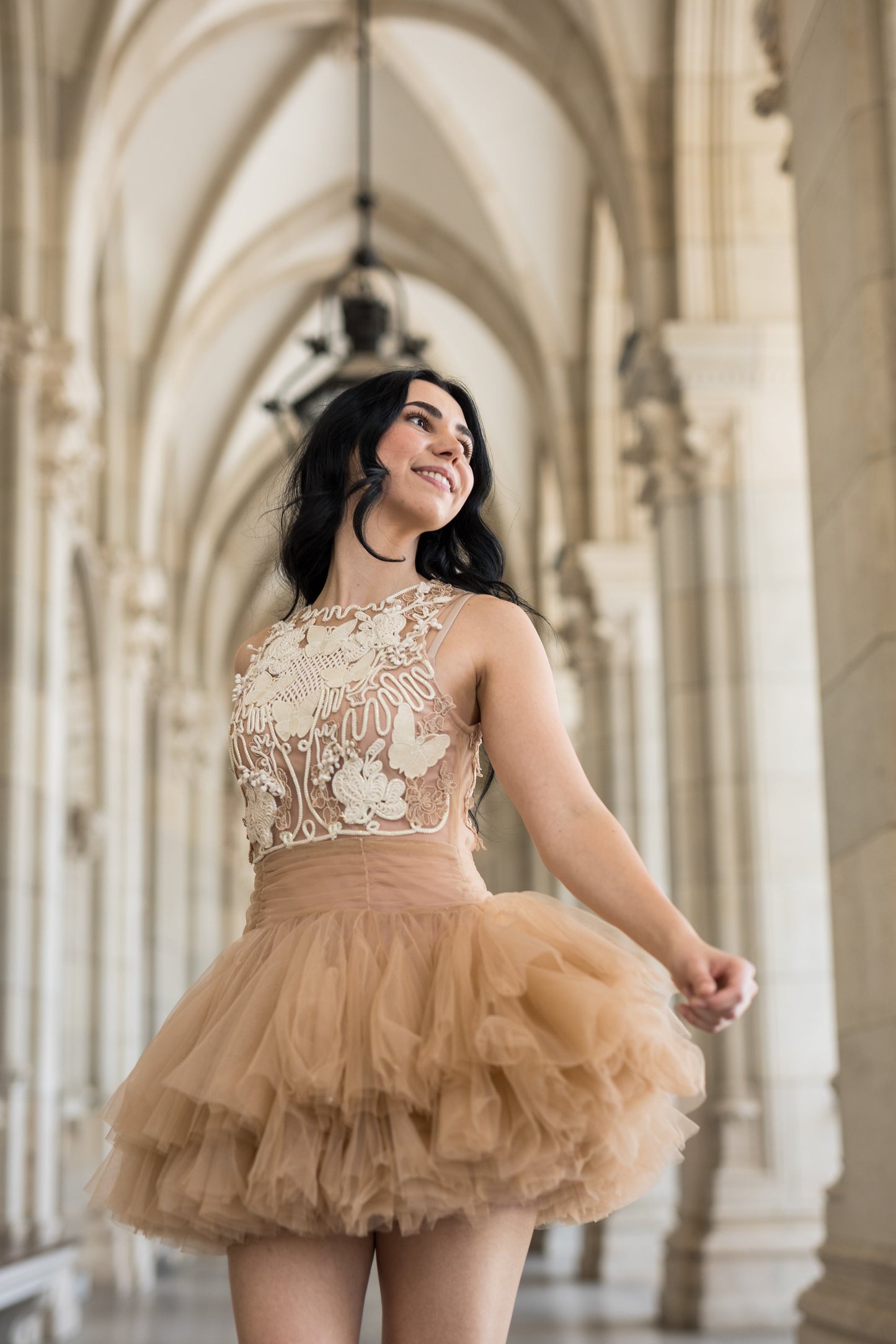 Ballerina |  Beige Tulle Mini Dress with 3D Applique