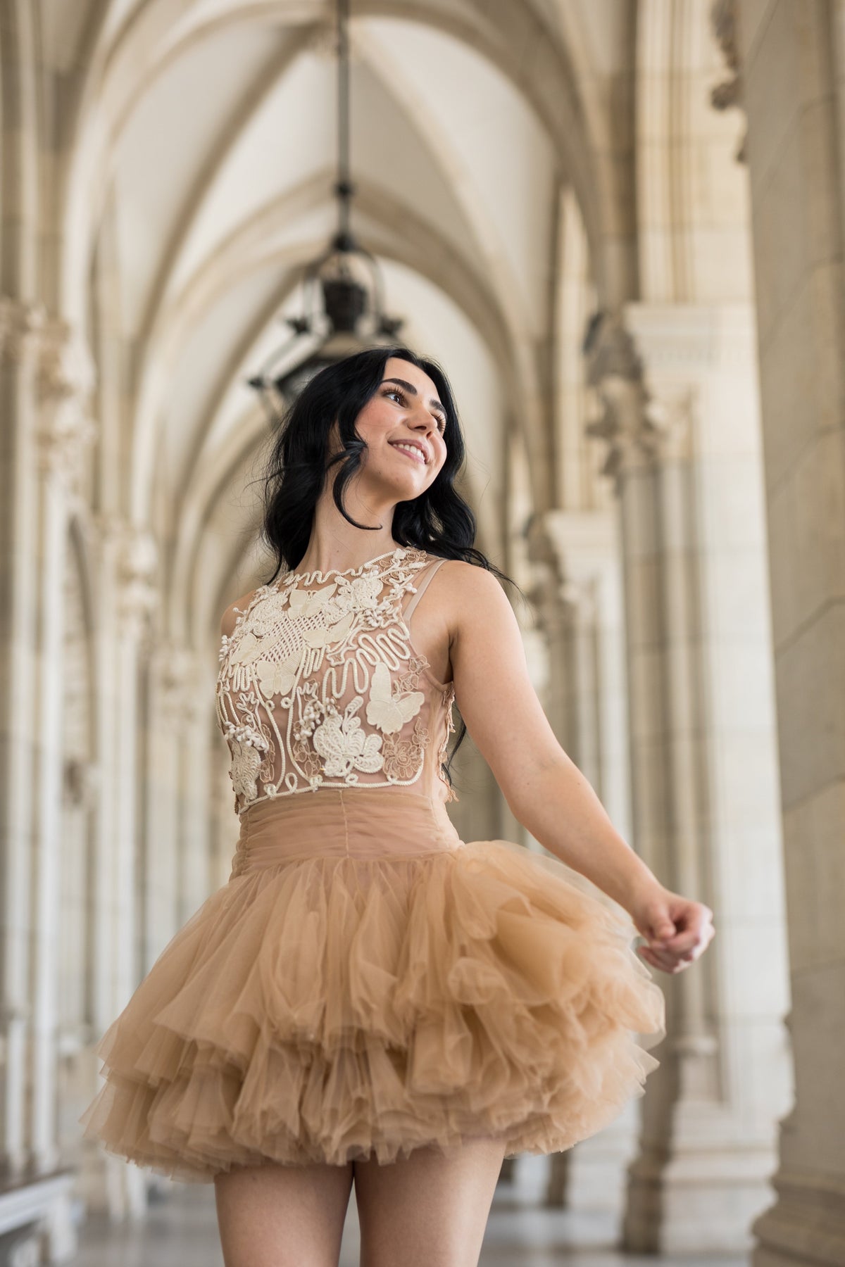 Ballerina |  Beige Tulle Mini Dress with 3D Applique Avalabel