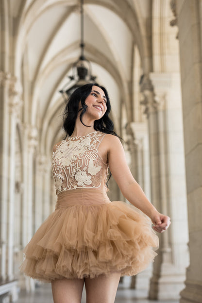 Ballerina |  Beige Tulle Mini Dress with 3D Applique