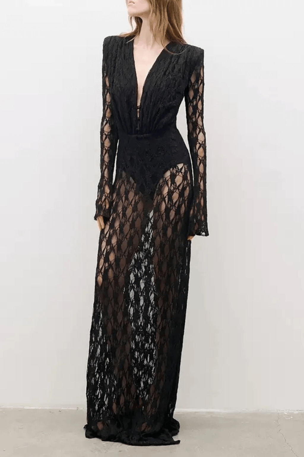 Black Geometric Grid Mesh Long Sleeve Maxi Dress Avalabel
