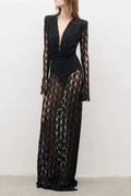 Black Geometric Grid Mesh Long Sleeve Maxi Dress Avalabel