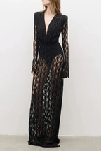 Black Geometric Grid Mesh Long Sleeve Maxi Dress Avalabel