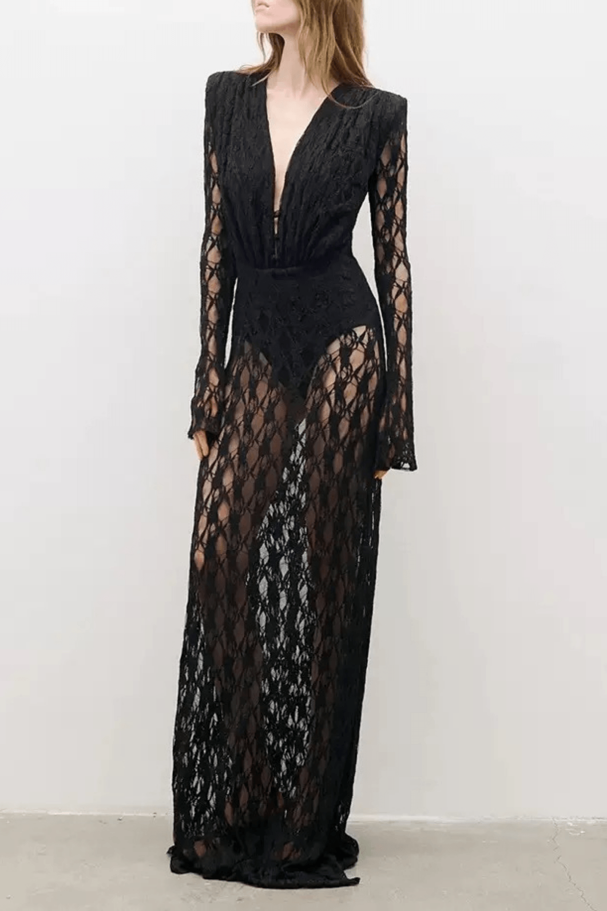 Black Geometric Grid Mesh Long Sleeve Maxi Dress Avalabel