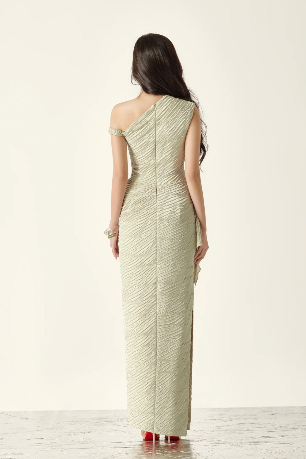 Thea Mustard Green Textured One‑Shoulder Ruched Waist Asymmetrical Maxi Dress - Avalabel